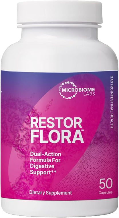 Microbiome Labs Restor flora + Digestive Support - Dual Action Probiotics for Men & Women (50 Capsules)