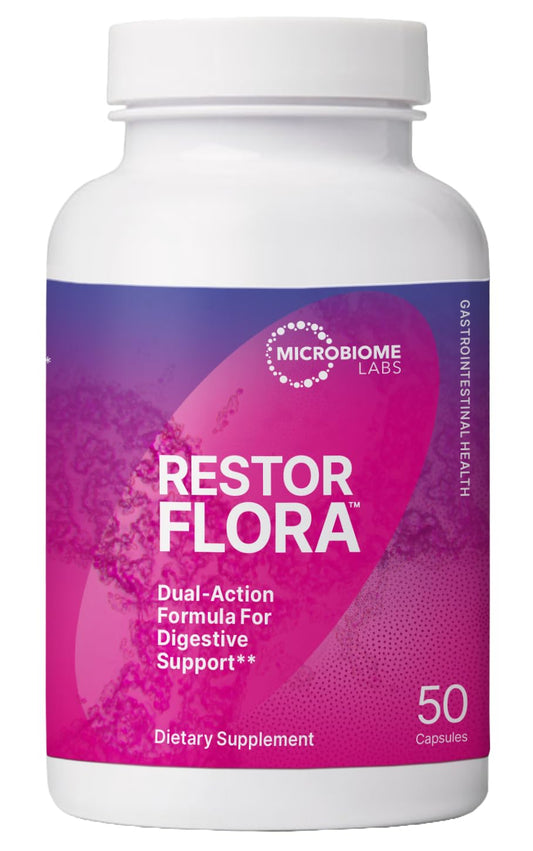 Microbiome Labs Restorflora Probiotics for Digestive Health - Gut Health Supplements with Dual Action Probiotics for Women, Men & Kids 5+ - Support Bowel Regularity & Immune Function (50 Capsules)