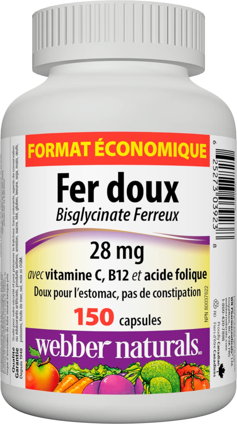 Webber Naturals Gentle Iron Supplement 28 mg, Highly Bioavailable Form of Iron, 150 Capsules, Stomach-Friendly, Non-Constipating, Helps Prevent Iron Deficiency Anemia