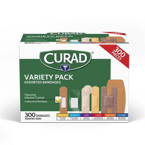 CURAD Assorted Bandages Variety Pack, 300 Count, 6 Styles Including Antibacterial, Waterproof, Sheer, Plastic, Heavy Duty & Flex-Fabric, Protects Scrapes, Cuts & Burns, Latex-Free