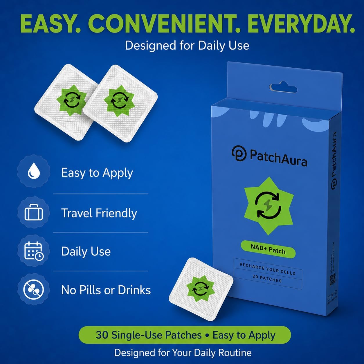 PatchAura NAD+ Patch – Cellular Energy & Longevity Support, Anti-Aging & Metabolism Boost, Daily Wellness Patches (30 Patches)