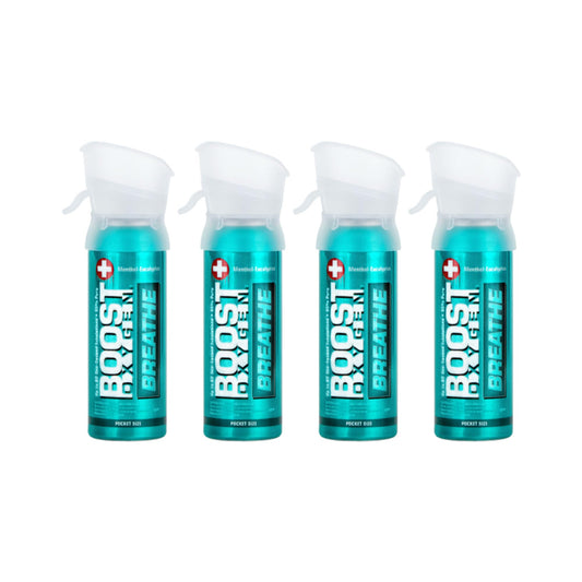Boost Oxygen Pocket Size Breathe Menthol-Eucalyptus Aroma 3 Liter Canister | All-Natural Resiratory Support for Aerobic Recovery, Altitude, Performance and Health (4 Pack)