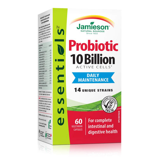 Jamieson Probiotic 10 Billion Active Cells, Gut Flora Support, for Complete Intestinal & Digestive Health. 14 Unique Strains to Improve Microbial Diversity, with Bifidobacterium and Lactobacillus, Non-GMO, Gluten-Free, 60 Vegetarian Capsules