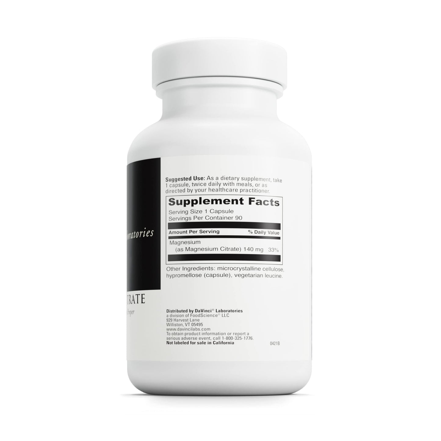 DaVinci Labs Magnesium Citrate - Dietary Supplement to Support Muscle Health, Healthy Nerves and Mineral Absorption* - with 140 mg Magnesium per Serving - Gluten-Free - 90 Vegetable Capsules