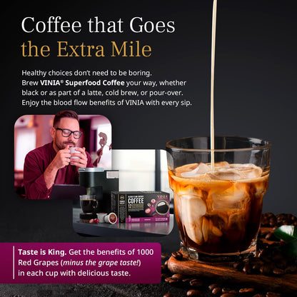 VINIA Blood Flow Energy Coffee Pods - Medium Roast Infused with Red Grape Piceid Resveratrol for Physical Energy & Mental Alertness, Keurig K-Cup Compatible Superfood Coffee, Full-Bodied, 60 Count.