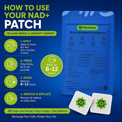 PatchAura NAD+ Patch – Cellular Energy & Longevity Support, Anti-Aging & Metabolism Boost, Daily Wellness Patches (30 Patches)