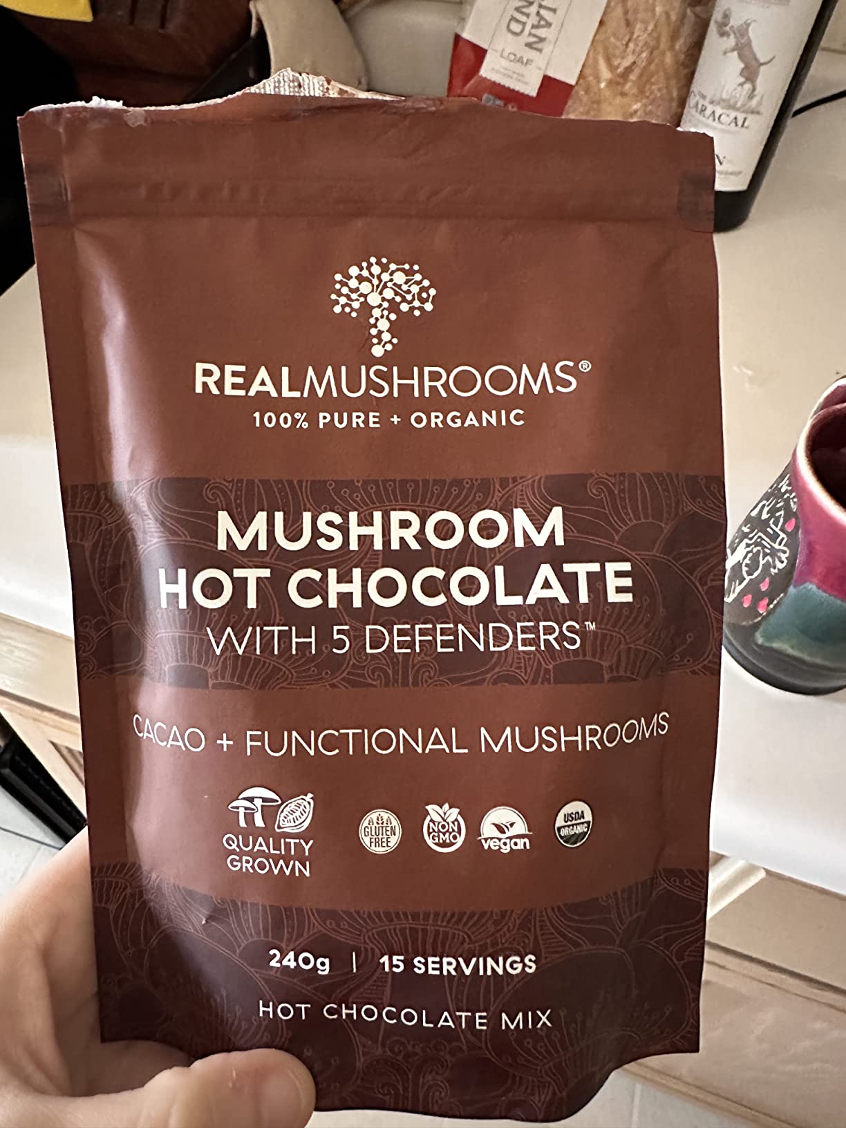 Real Mushrooms Unsweetened Organic Hot Chocolate Mix with 5 Defenders Turkey Tail, Chaga, Maitake, Shiitake, Reishi Mushroom - Cacao Powder Vegan Supplement, 15 Servings