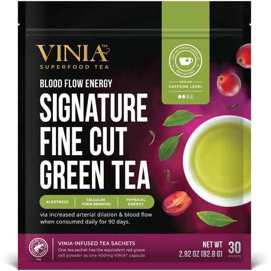 VINIA Signature Green Tea Bags, Made with Organic Green Tea, Infused with Piceid Resveratrol for Heart Health, Nitric Oxide, Physical Energy, Alertness, Blood Flow, Keto, Kosher, Non-GMO. (30)