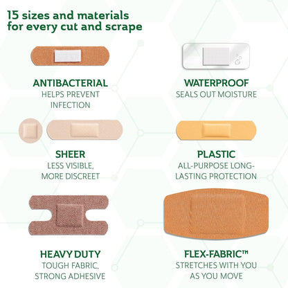 CURAD Assorted Bandages Variety Pack, 300 Count, 6 Styles Including Antibacterial, Waterproof, Sheer, Plastic, Heavy Duty & Flex-Fabric, Protects Scrapes, Cuts & Burns, Latex-Free