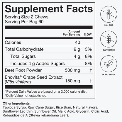 HumanN SuperBeets Heart Chews, Nitric Oxide and Blood Pressure Support, Grape Seed Extract & Non-GMO Beet Root Powder Energy, Pomegranate Berry Flavor, 120 Count