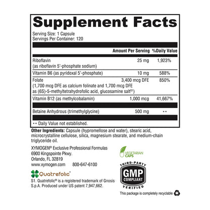 XYMOGEN Methyl Protect - Optimal Methylation Formula with Methyl Folate, Vitamin B12 (Methylcobalamin b12), Riboflavin + B6 Vitamins - Cognitive, Homocysteine + Heart Health Supplements (120 Capsules)
