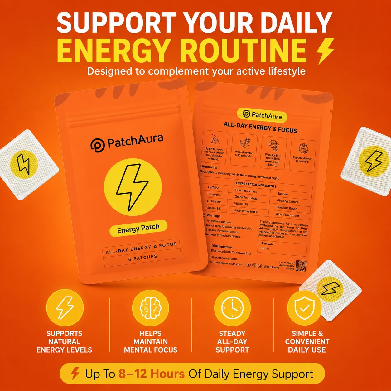 PatchAura Energy Patch – All Day Energy & Focus Support, Mental Clarity & Stamina Boost, Long-Lasting Wellness Patches (30 Patches)
