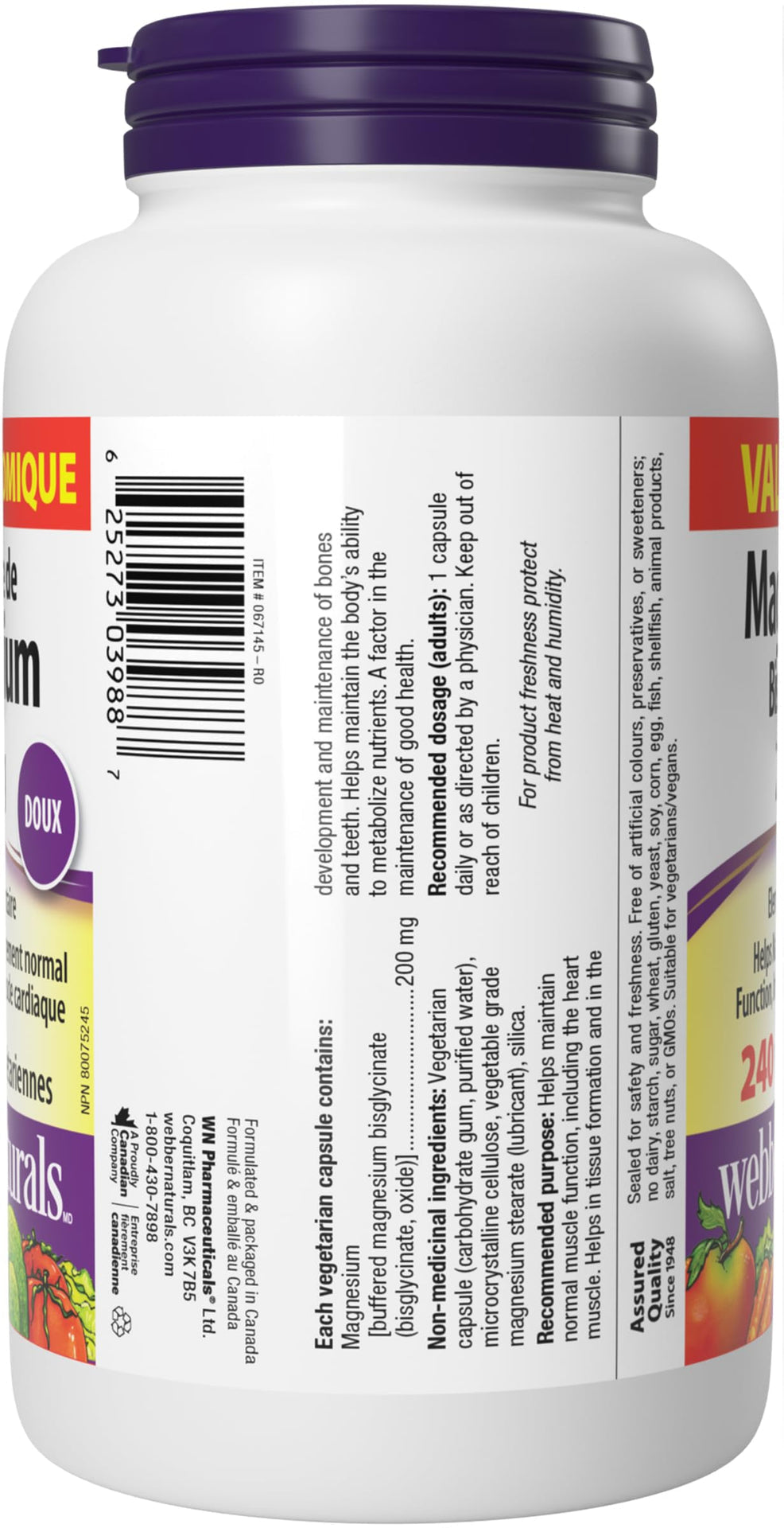 Webber Naturals Magnesium Bisglycinate 200 mg, 240 Capsules, Supports Bone and Muscle Functions, Vegan
