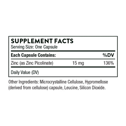 THORNE Zinc Picolinate 15mg - Highly Absorbable Zinc Supplement - Supports Wellness, Immune System, Eye, Skin, and Reproductive Health* - Gluten-Free, Soy-Free, Dairy-Free - 60 Capsules