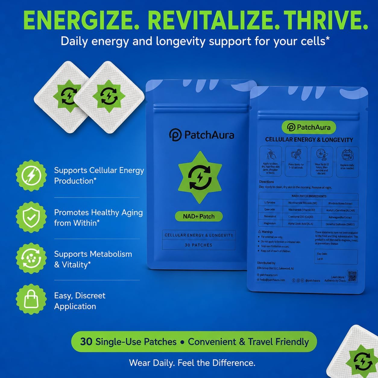 PatchAura NAD+ Patch – Cellular Energy & Longevity Support, Anti-Aging & Metabolism Boost, Daily Wellness Patches (30 Patches)