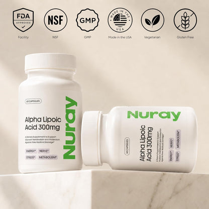 Nuray Alpha Lipoic Acid 300mg - Antioxidant Supplement for Healthy Aging, Supports Energy Production, Proper Nerve Function, Metabolism - 60 Vegetarian Capsules, Gluten-Free Dietary Supplement