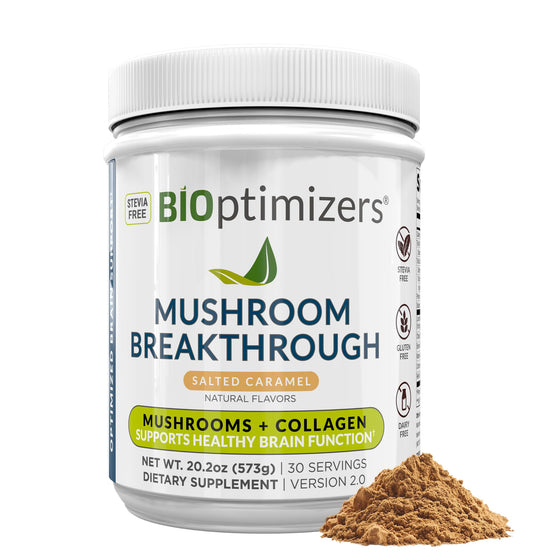 BIOptimizers Mushroom Coffee Alternative – Salted Caramel Drink – Lion’s Mane, Chaga, Reishi + Collagen Peptides for Focus, Energy & Gut Health – Adaptogenic Mushrooms & MCT Powder – 30 Servings