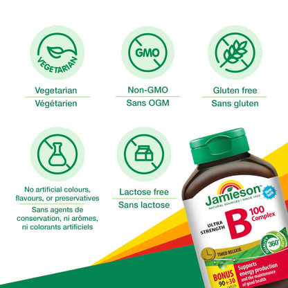 Jamieson Vitamin B100 Complex Caplets, Timed Released, Ultra Strength, Naturally Energizing, and Supports Metabolism. Vegetarian, Non-GMO, Gluten-Free, 120 Count, Proudly Canadian