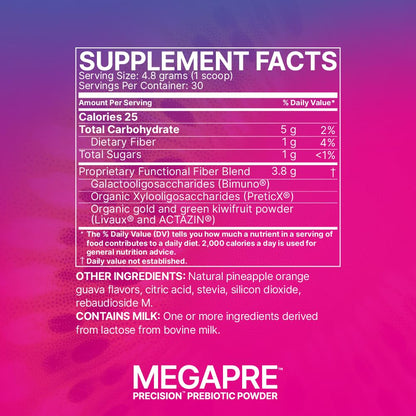 Microbiome Labs MegaPre Prebiotic Fiber Powder for Women, Men & Kids - Pineapple Orange Guava Prebiotic Fiber Supplement Powder with Clinically Tested Oligosaccharides for Microbial Support (5.5 Oz)