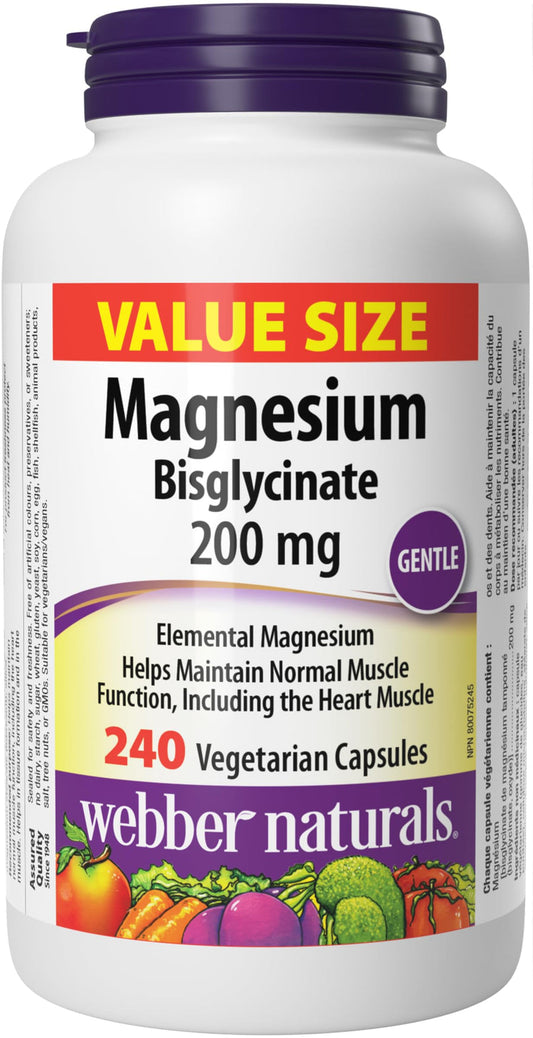 Webber Naturals Magnesium Bisglycinate 200 mg, 240 Capsules, Supports Bone and Muscle Functions, Vegan