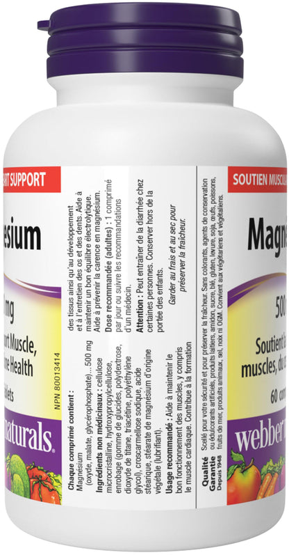 Webber Naturals Magnesium 500 mg, 60 Tablets, Enhanced Absorption Mineral, Supports Bone and Muscle Functions, Vegan