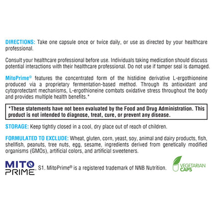 XYMOGEN MitoPrime - Fermentation-Based L Ergothioneine - Antioxidant Supplement to Support Brain Health + Already-Healthy Glutathione Levels in The Body (30 Capsules)
