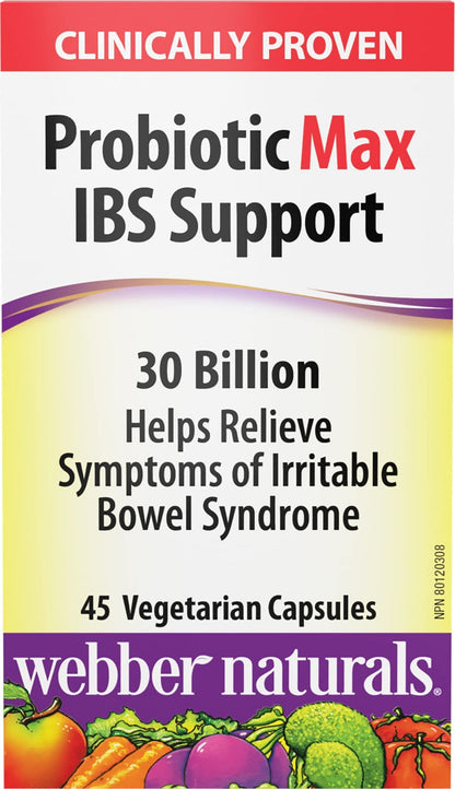 Webber Naturals Probiotic Max IBS Support, 30 Billion Active Cells, 5 Probiotic Strains, 45 Capsules, Helps Reduce Symptoms of Irritable Bowel Syndrome, Vegetarian