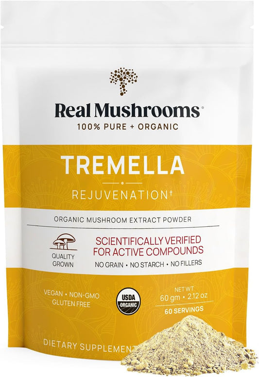 Real Mushrooms Tremella Mushroom Extract 120 ct Blend for Immune Support, Brain, and Skin - Vegan, Non-GMO, Organic Supplements Humans Support Supplement