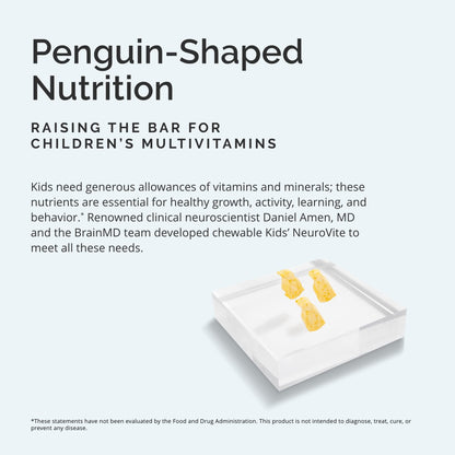 BRAINMD Dr Amen Kids’ NeuroVite, Orange Flavor - 120 Penguin-Shaped Chewables - Multivitamin & Mineral Supplement - Promotes Healthy Development & Growth - Gluten Free - 60 Servings