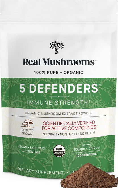 Real Mushrooms 5 Defenders Powder - Organic Mushroom Extract w/Chaga, Shiitake, Maitake, Turkey Tail, & Reishi - Mushroom Supplement for Brain, Focus, & Immune Support - Vegan, Non-GMO, 100 Servings