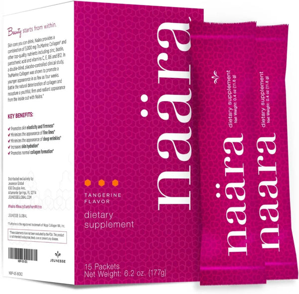 Pink dietary supplement packets with 'naära' branding on a white background