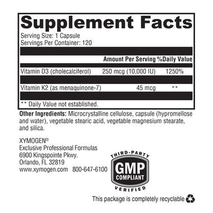 XYMOGEN K2-D3 10000 - Vitamin D3 K2 - Bioavailable Vitamin D 10,000 IU (Cholecalciferol) with Vitamin MK-7 - Heart, Arterial, Bone Health + Immune Support Supplement (120 Capsules)