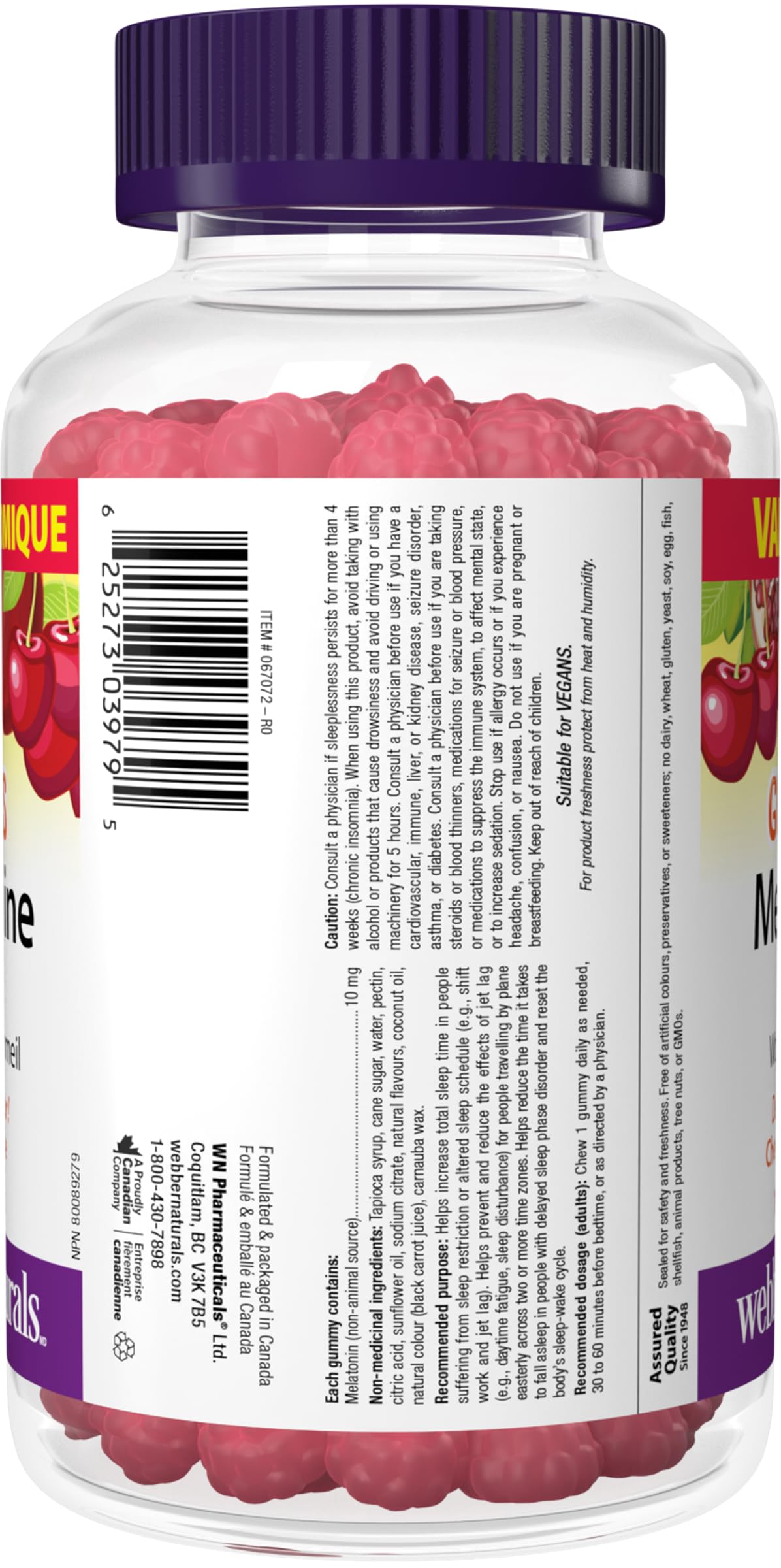 Webber Naturals Melatonin 10 mg Gummy, 100 Gummies, Value Size