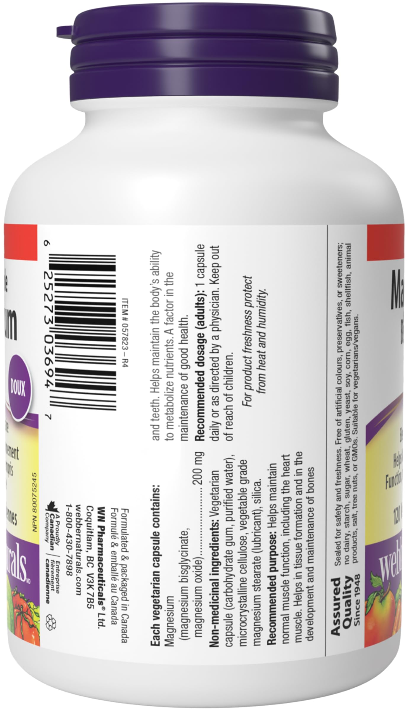 Webber Naturals Magnesium Bisglycinate 200 mg, 120 Capsules, Supports Bone and Muscle Functions, Vegan