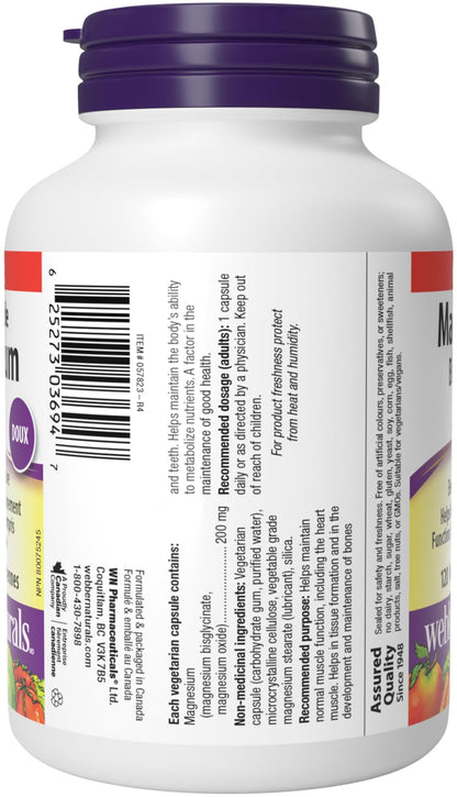 Webber Naturals Magnesium Bisglycinate 200 mg, 120 Capsules, Supports Bone and Muscle Functions, Vegan