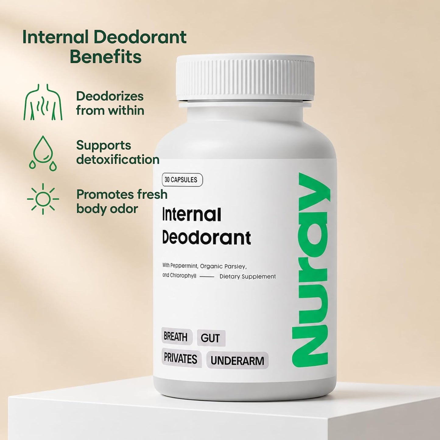 Nuray Internal Deodorant Supplement | Natural Chlorophyll 30 Capsules for Body Odor Control, Gut Health, and Fresh Breath | Vegan, Detox Support, & Skin Health | Odor Eliminator for Men & Women