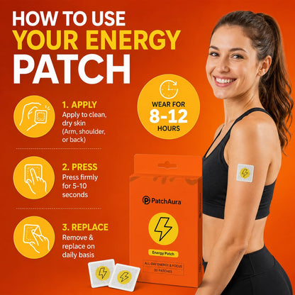 PatchAura Energy Patch – All Day Energy & Focus Support, Mental Clarity & Stamina Boost, Long-Lasting Wellness Patches (30 Patches)