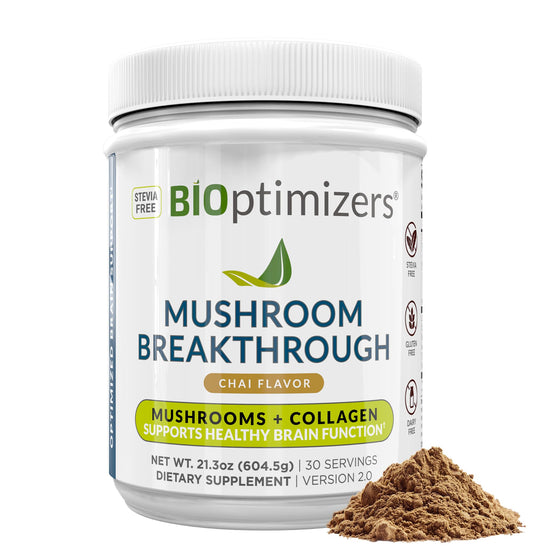BIOptimizers Mushroom Coffee Alternative – Chai Drink – Lion’s Mane, Chaga, Reishi + Collagen Peptides for Focus, Energy & Gut Health – Adaptogenic Mushrooms & MCT Powder – 30 Servings