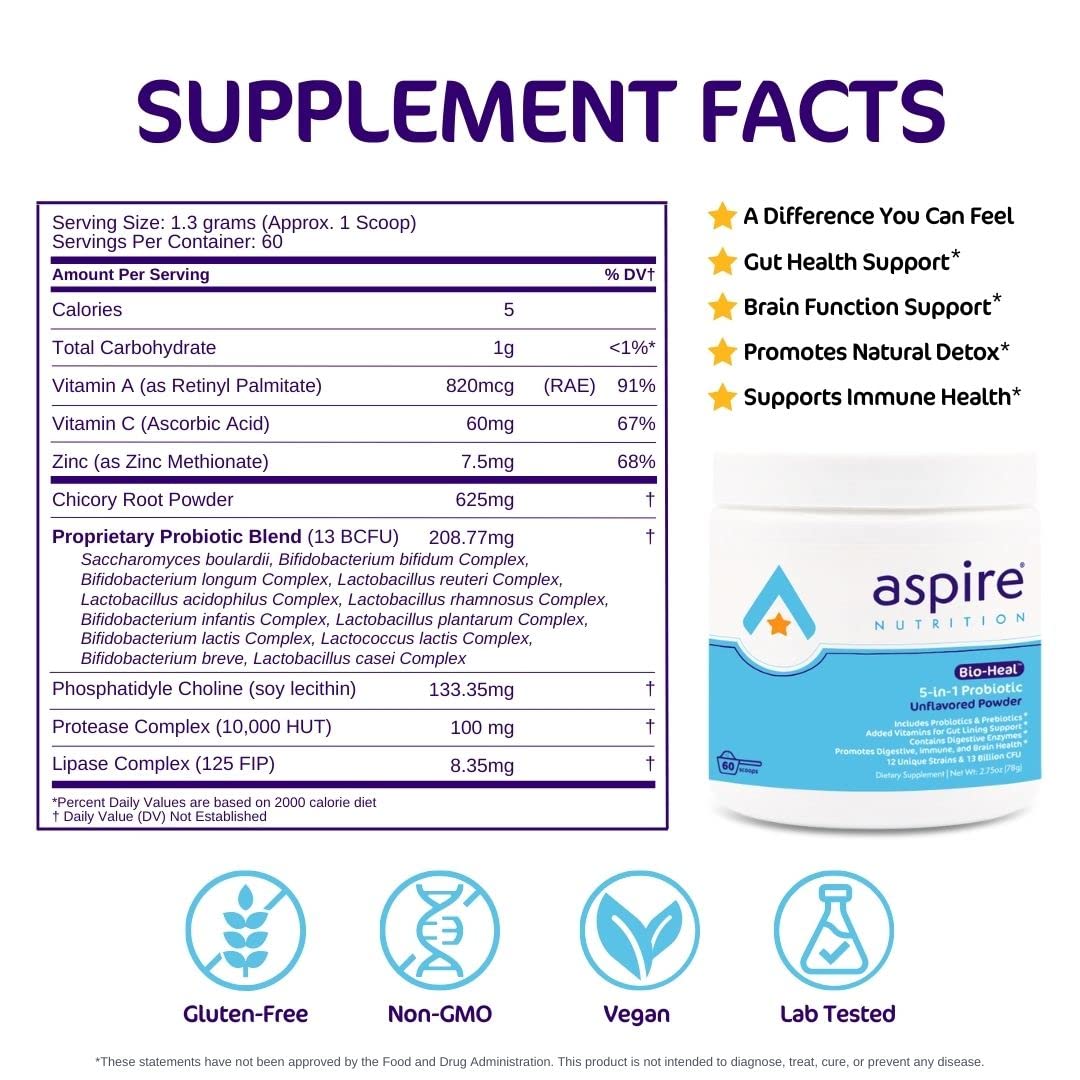 Aspire Nutrition 5-in-1 Bio-Heal® Probiotic for Kids, Men & Women - Best Supplement for Brain Function, Gut Health & Constipation - Shelf Stable & Fortified with Vitamin, Mineral & Prebiotics - Powder