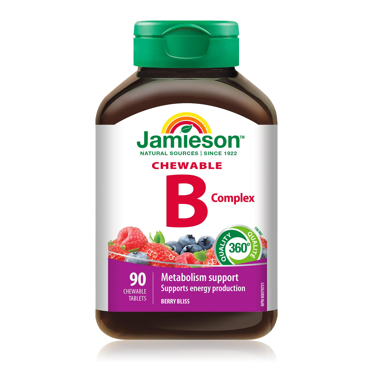 Jamieson Vitamin B Complex, 90 Chewable Tablets, Natural Berry Flavour. Naturally Energizing, Supports Metabolism, Provides Folate. Vegetarian, No Artificial Flavours, Colours or Preservatives