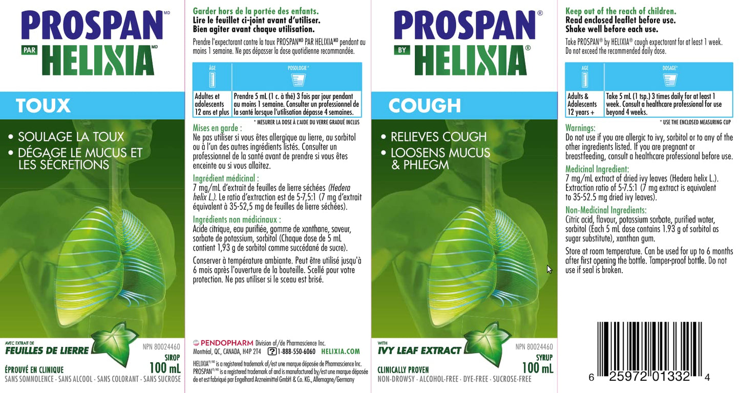 Helixia Prospan Natural Cough Syrup with Ivy Leaf Extract - Expectorant, Helps Eliminate Mucus & Phlegm - Cough Relief for Adults (100ml)