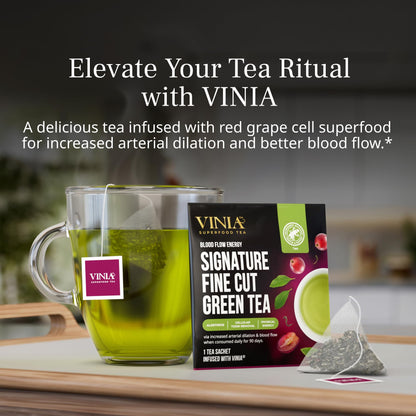 VINIA Signature Green Tea Bags, Made with Organic Green Tea, Infused with Piceid Resveratrol for Heart Health, Nitric Oxide, Physical Energy, Alertness, Blood Flow, Keto, Kosher, Non-GMO. (30)
