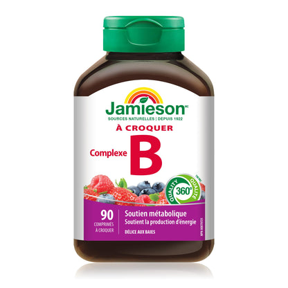 Jamieson Vitamin B Complex, 90 Chewable Tablets, Natural Berry Flavour. Naturally Energizing, Supports Metabolism, Provides Folate. Vegetarian, No Artificial Flavours, Colours or Preservatives