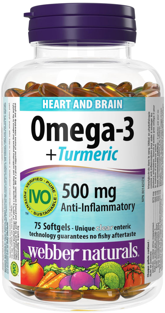 Webber Naturals Omega-3 + Turmeric, 75 Softgels, Support for the Heart, Brain & Joints, No Fishy Aftertaste