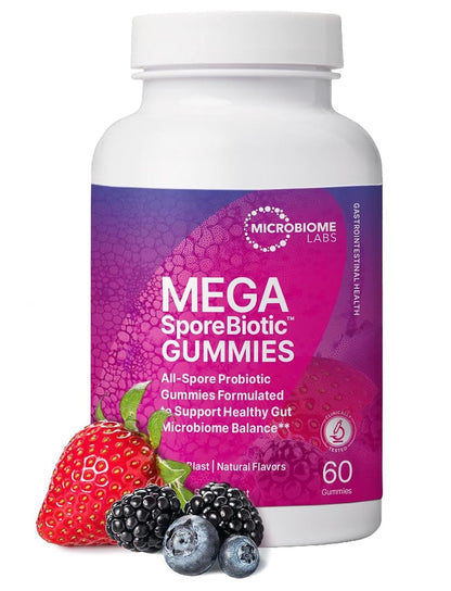 Microbiome Labs Spore Based Probiotic Gummies for Women, Men & Children - MegaSporeBiotic Gummies - 4 Bacillus Probiotics for Digestive Health & Microbiome Support - Berry Flavor (60 Gummies)