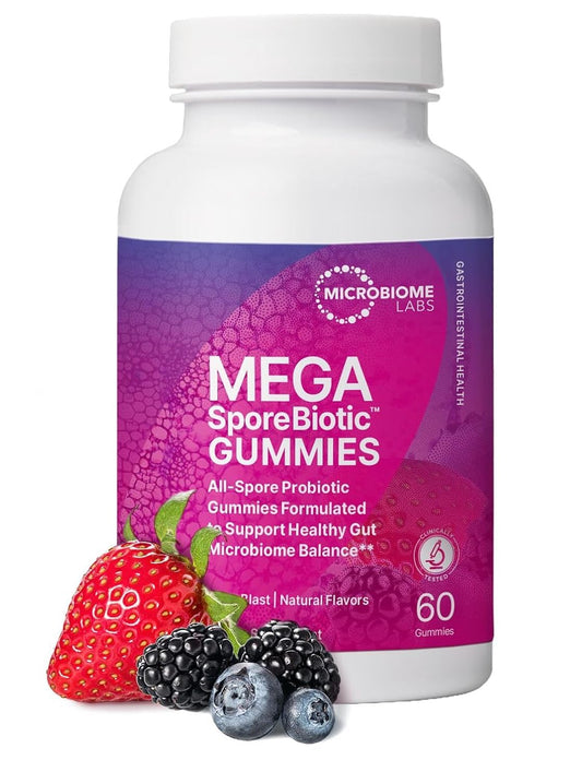 Microbiome Labs Spore Based Probiotic Gummies for Women, Men & Children - MegaSporeBiotic Gummies - 4 Bacillus Probiotics for Digestive Health & Microbiome Support - Berry Flavor (60 Gummies)