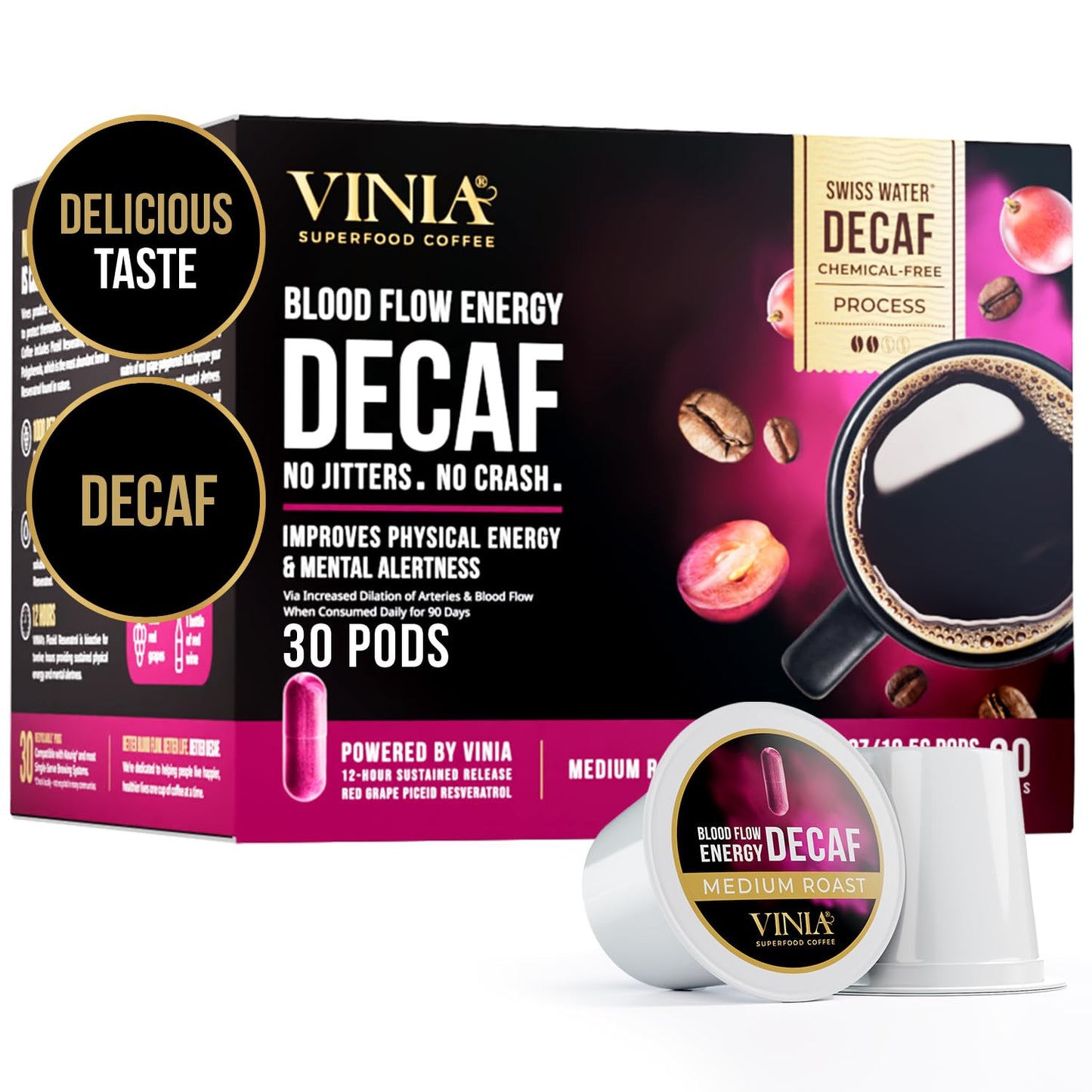 VINIA Blood Flow Energy Coffee DECAF - Medium Roast Superfood Coffee Pods, Swiss Water Process Powered by Red Grape Piceid Resveratrol. Keurig K-Cup Compatible Coffee Pods, Caffeine Free, 60 Ct