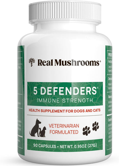 5 Defenders Mushroom Supplements for Cat Dog Vitamins Health Support with Chaga, Shiitake, Reishi Turkey Tail - Vet-Approved Powder Capsules 90ct