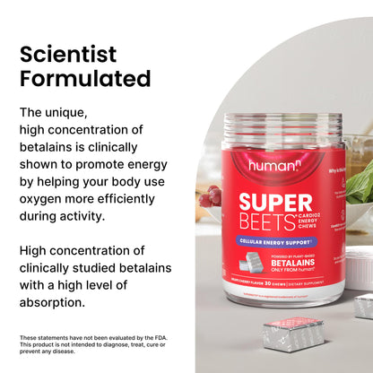 HumanN SuperBeets CardiO2 Beet Energy Chews - Betalains Compound to Support Heart Health & Blood Flow - Plant Based - No Caffeine or Stimulants - Grape Cherry Flavor - 30 Servings