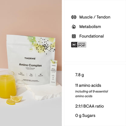 THORNE - Amino Complex - Clinically-Validated EAA and BCAA Powder for Pre or Post-Workout - Promotes Lean Muscle Mass & Energy Production* - NSF Certified for Sport - 30 Servings - 8.25 Oz - Lemon
